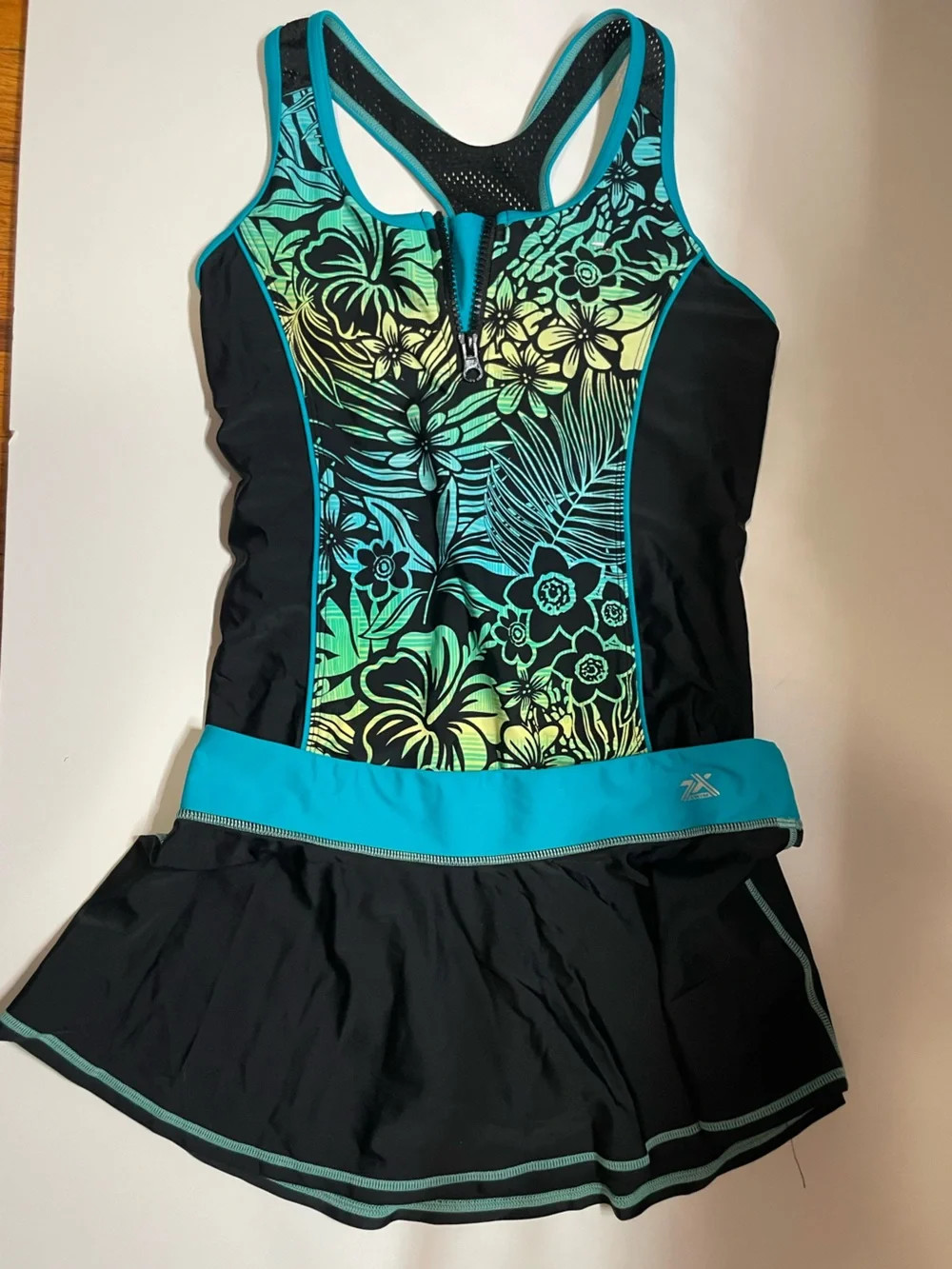 ZeroXposur Black One-Piece Swim with skirt and Teal and Lime Floral Front